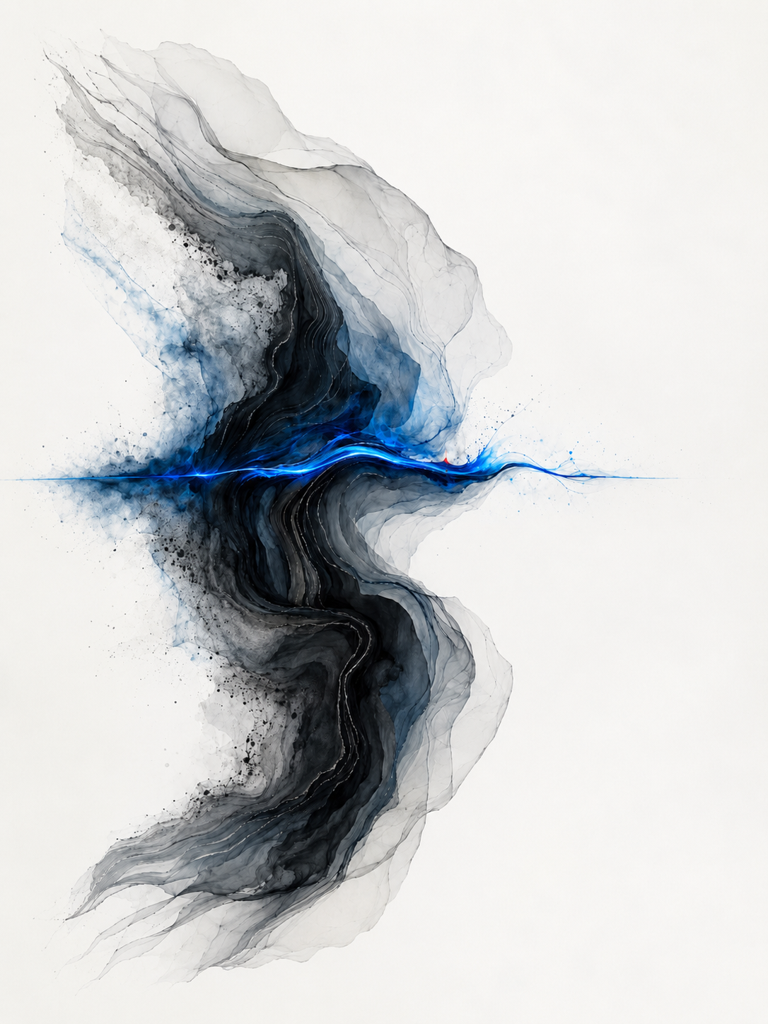 Visual Study 001, Variante 1: abstrakte, wellenförmige Formen in Grau, Schwarz und Blau mit einem roten Akzentpunkt.