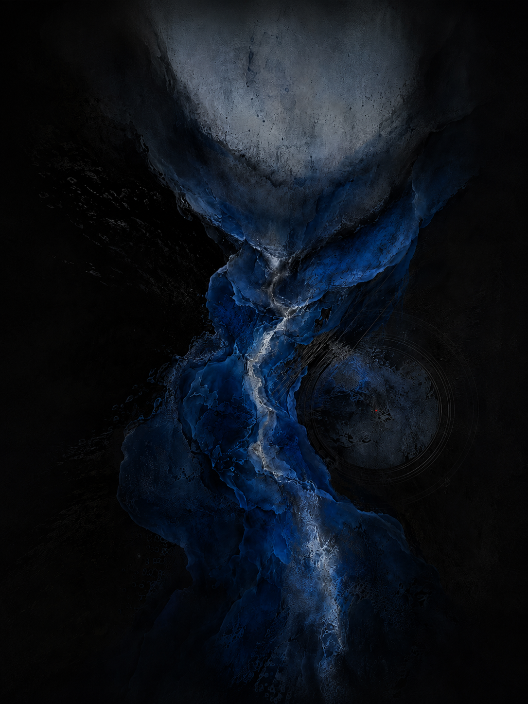 Visual Study 001, Variante 2: abstrakte Formen auf dunklem Grund mit einer leuchtend blauen, geäderten Struktur und einem roten Akzentpunkt.
