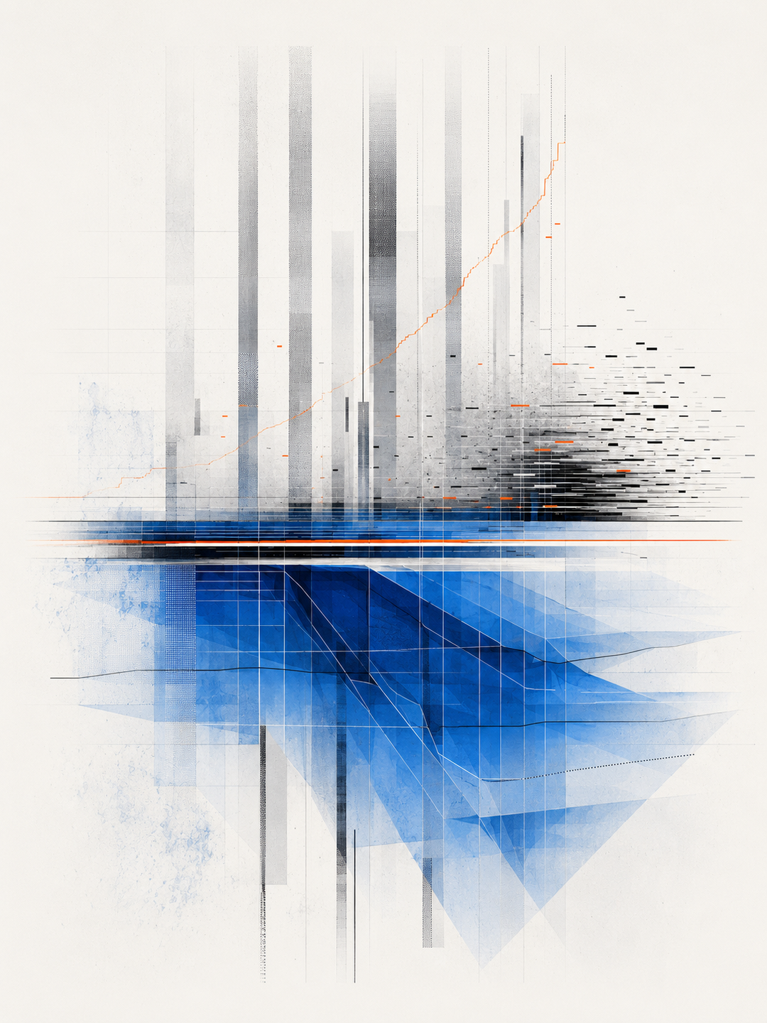 Abstrakte geometrische Wupper-Signal-Studie aus blauen, schwarzen und orangefarbenen Datenfeldern.